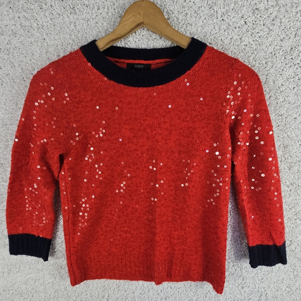 J Crew Wool Mohair Acrylic Rhinestone Red Sweater Women's Small Partyware‎ Glam